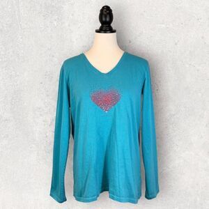 Life Is Good Crusher Tee Teal Long Sleeve Heart Print Classic Fit, Size L